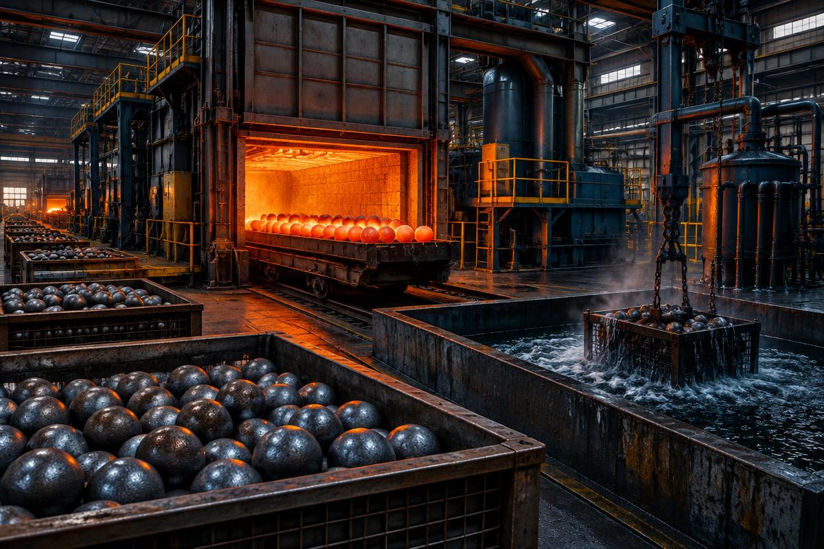 Forged grinding media steel balls near a heat treatment furnace and quench line