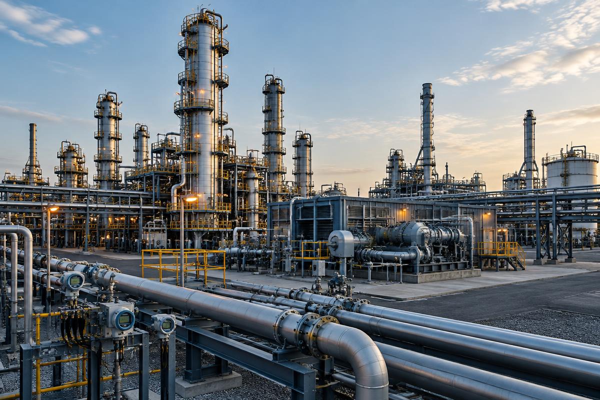 Oil and gas refinery with pipelines, processing towers and instrumentation