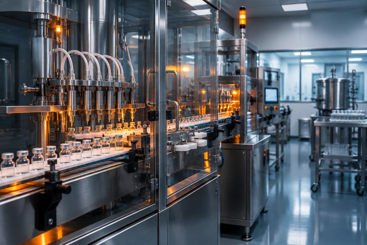 Sterile pharmaceutical filling and inspection line in a cleanroom