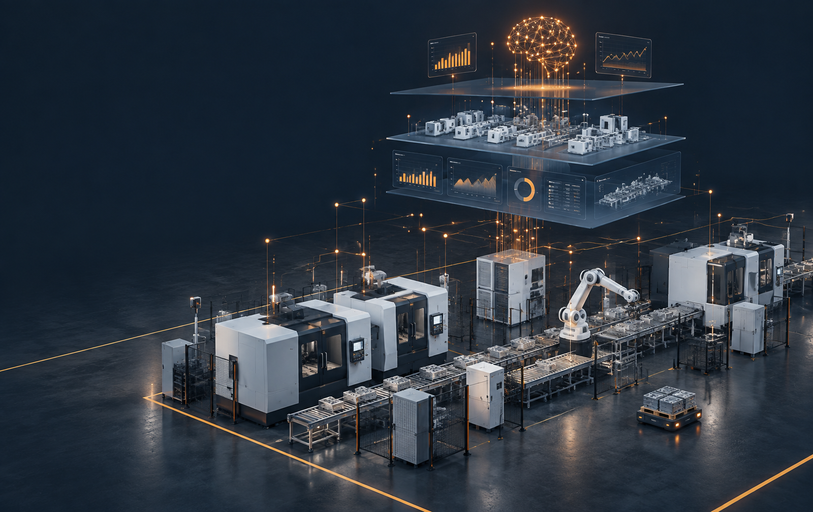Connected manufacturing shopfloor flowing into MES and AI intelligence