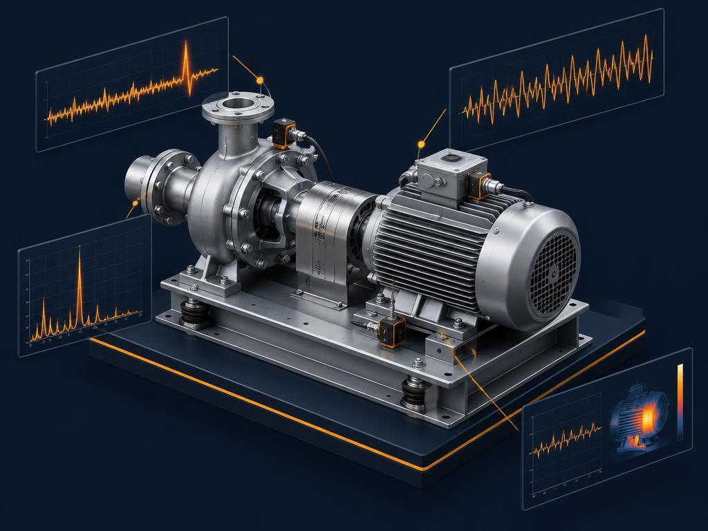 Industrial pump with sensor signals and anomaly-monitoring panels