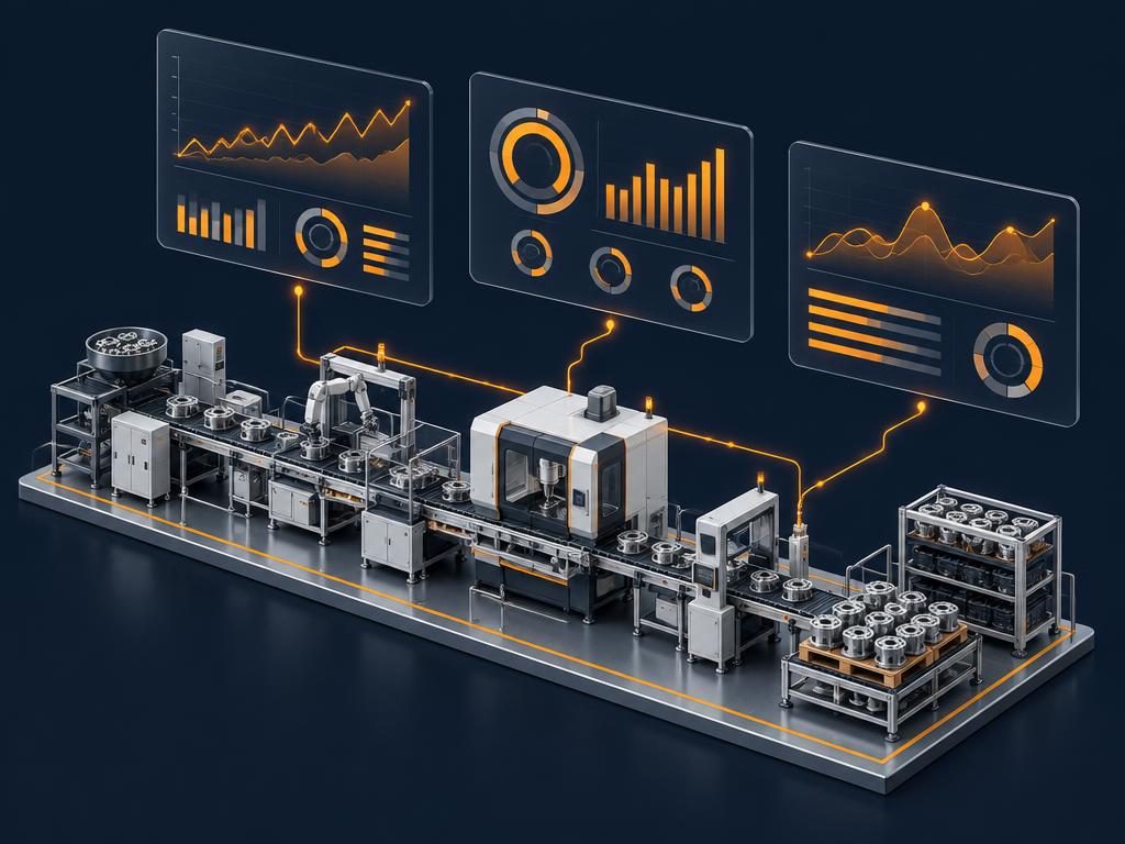Production line connected to operational analytics panels