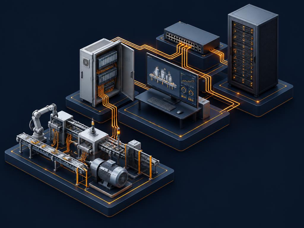 Isometric PLC, SCADA and server architecture connected by orange signals